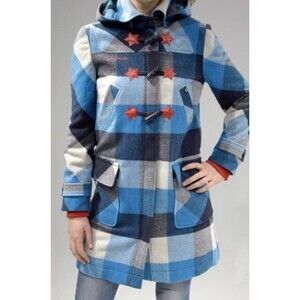 Gsus Sindustries Wool Blend Blue Check Star Embellished Long Utility Coat Small